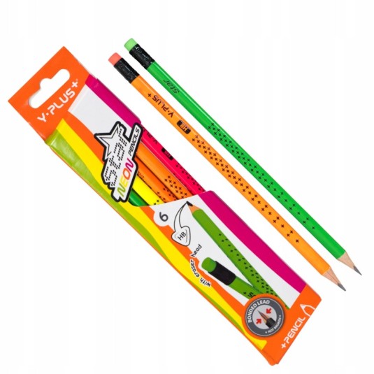 Ołówek trójkątny neonowy z gumką HB op. 6 szt.