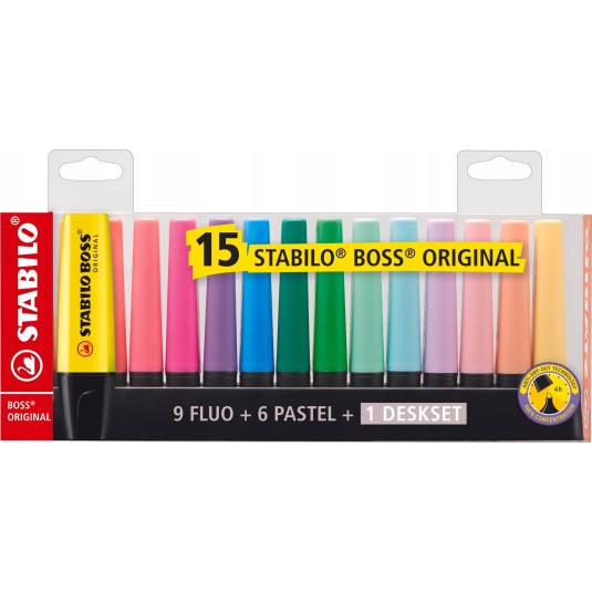 Zakreślacze STABILO BOSS komplet 15 kol. podstawka