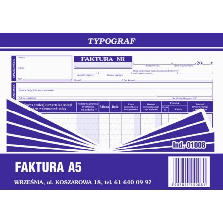 Druk faktura VAT A5 TYPOGRAF