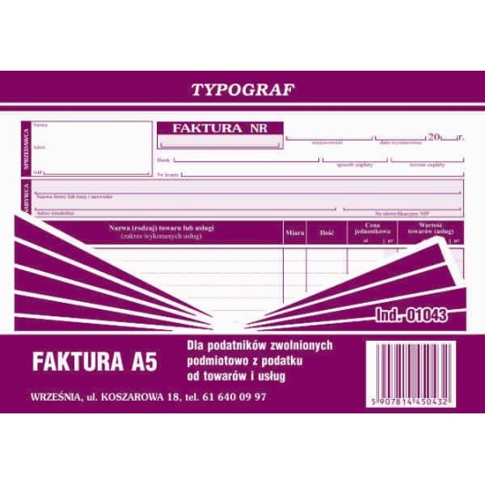 Faktura bez VAT A5 TYPOGRAF