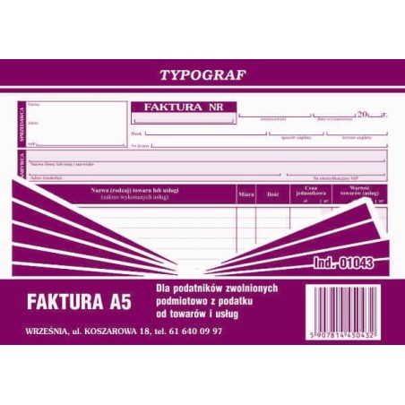 Faktura bez VAT A5 TYPOGRAF