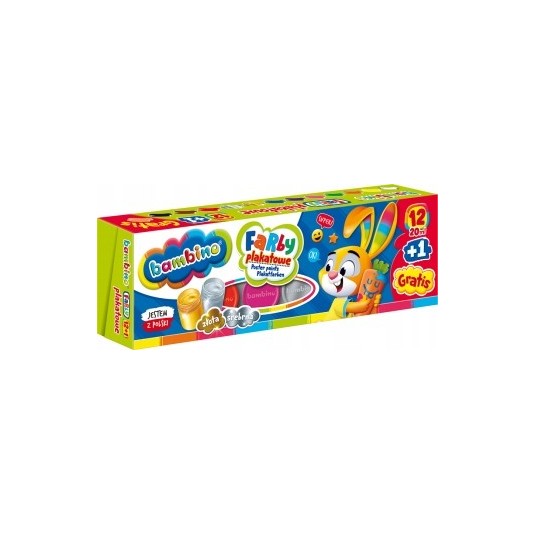 Farby plakatowe BAMBINO zmywalne 12 kol. +gratis