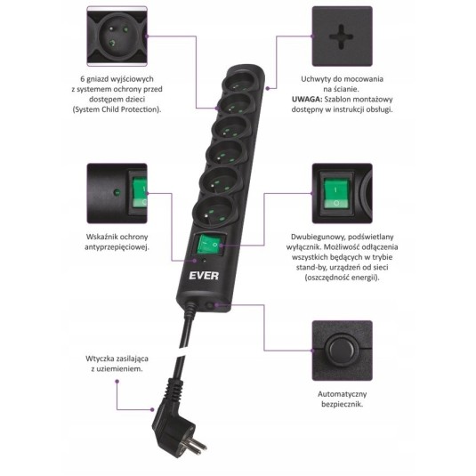 Listwa zasilająca EVER Optima przedłużacz 1,5 m 6 gniazd