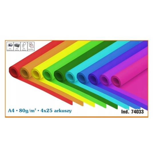 Papier kolorowy neon A4 xero 80g 4 kolory 100 ark.